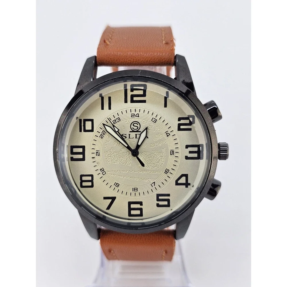 Men's Analog Watch 45MM Cream Dial Light Brown Faux Leather Bands New‎ Battery